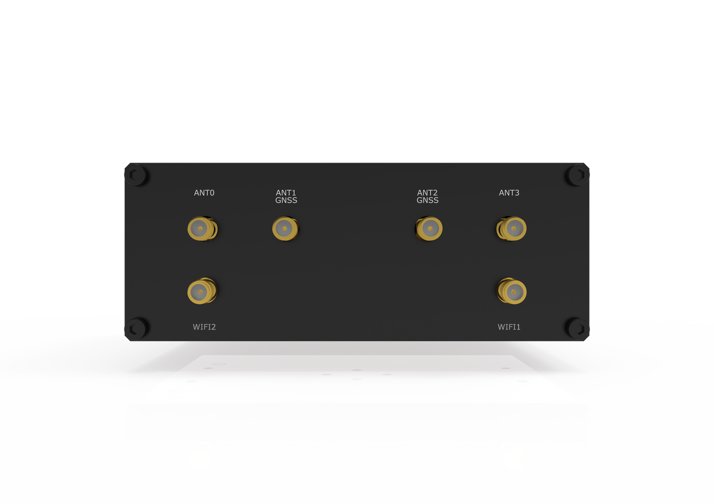 Back of Robustel R5020 5G router with 4 gold ANT0-3 and WiFi1/2 coaxial ports