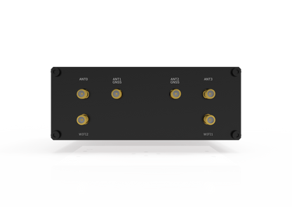 Back of Robustel R5020 5G router with 4 gold ANT0-3 and WiFi1/2 coaxial ports