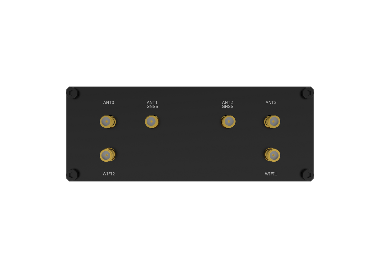 Back of Robustel R5020 5G router with gold coaxial antenna ports ant0-ant3, GNSS, WiFi1, WiFi2