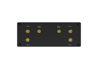 Back of Robustel R5020 5G router with gold coaxial antenna ports ant0-ant3, GNSS, WiFi1, WiFi2