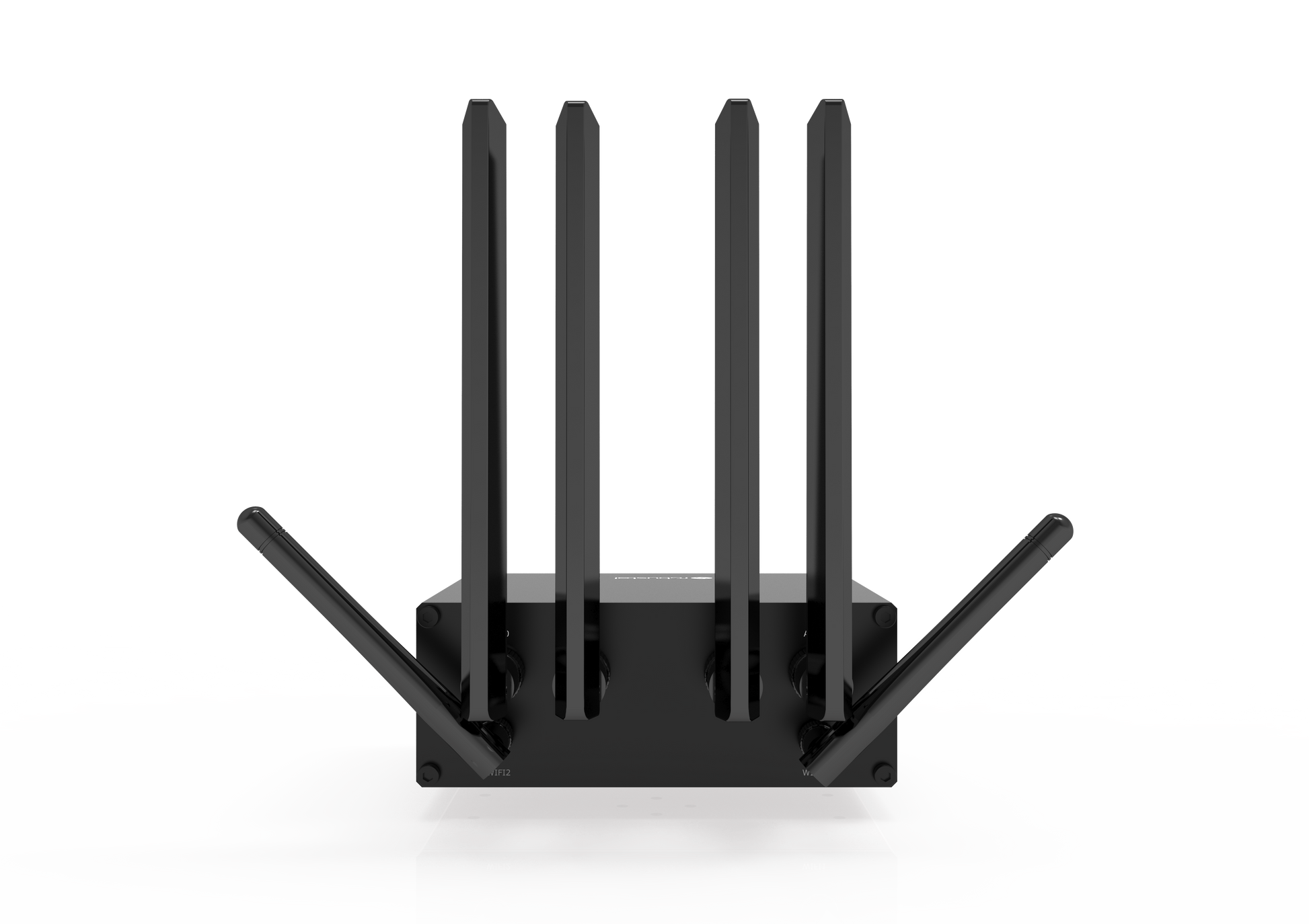 Robustel R5020 5G router with 4 vertical and 2 angled antennas