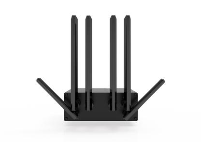 Robustel R5020 5G router with 4 vertical and 2 angled antennas