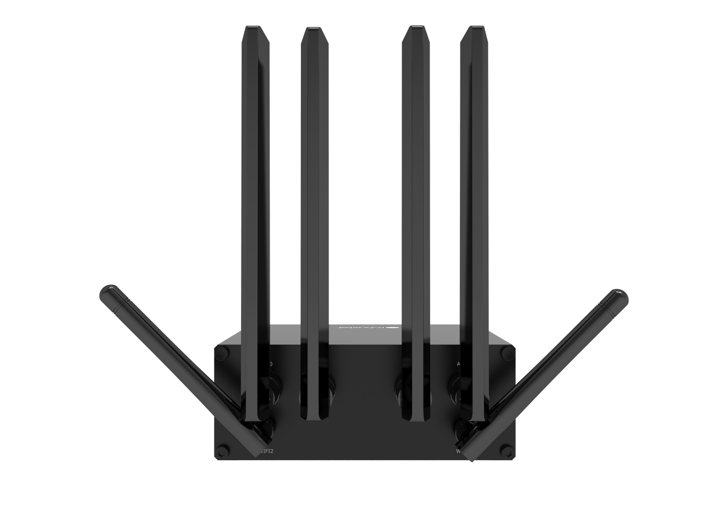Robustel R5020 5G router with 4 vertical and 2 angled antennas