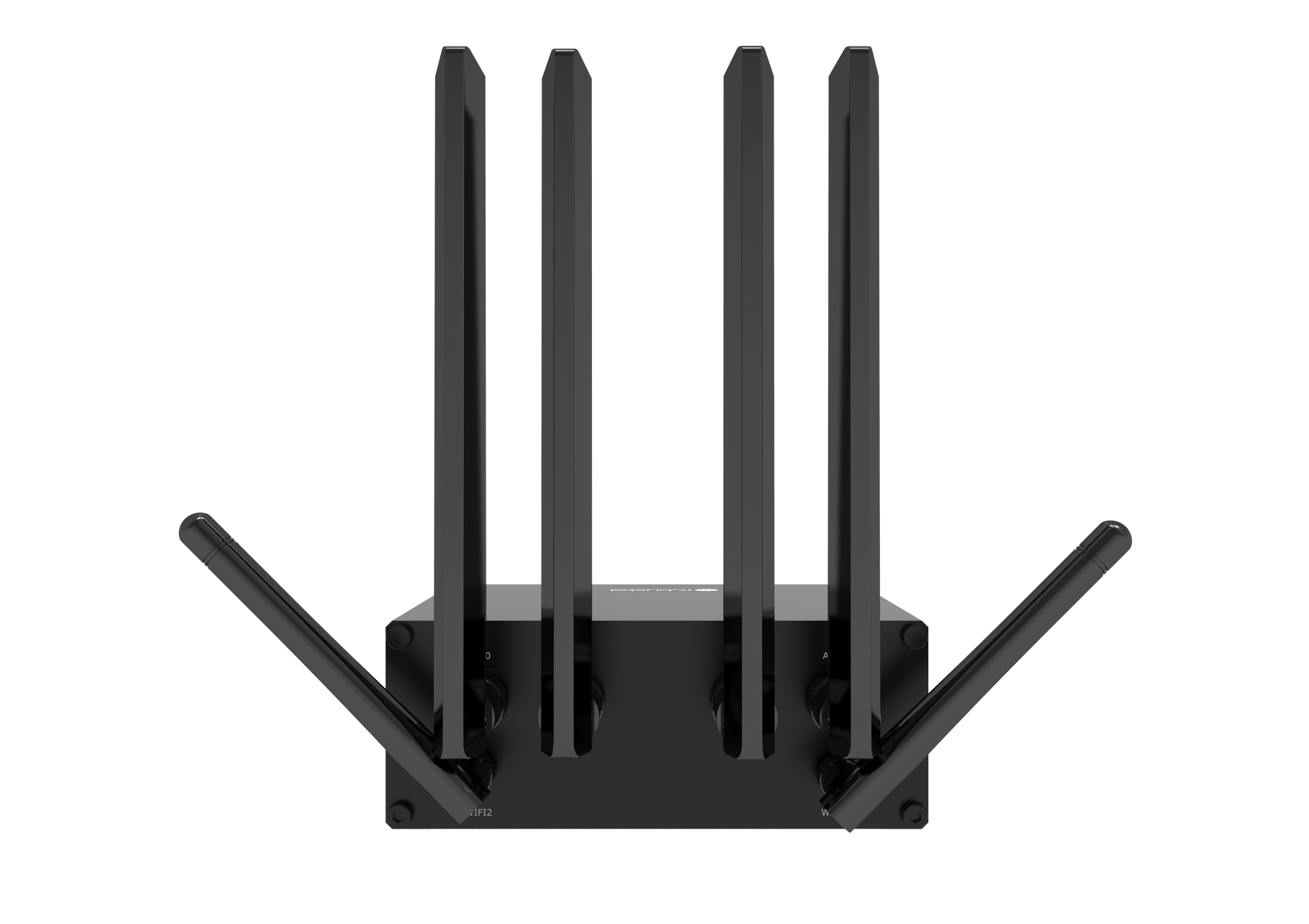 Robustel R5020 5G router with 4 vertical and 2 angled antennas