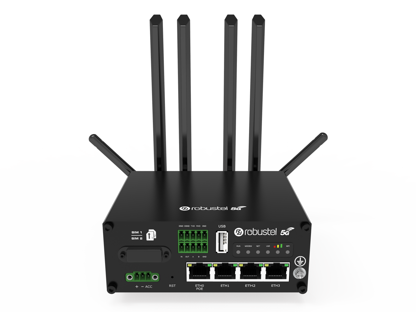 Robustel R5020 5G router with 4 antennas and Ethernet ports