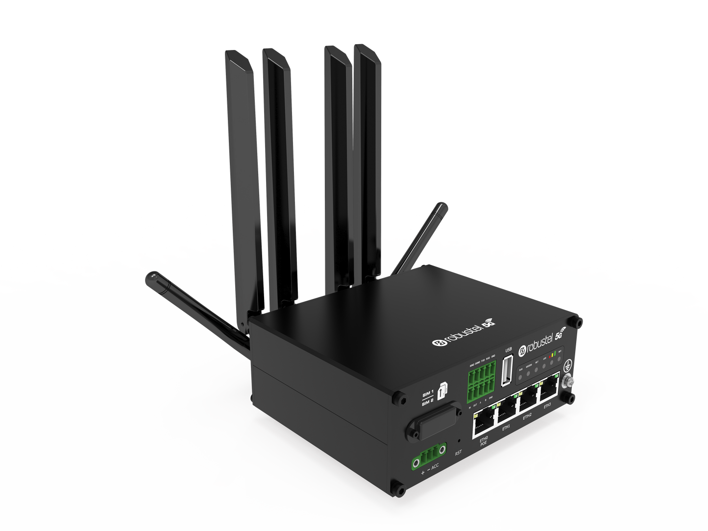 Robustel R5020 5G router with 4 antennas and Ethernet ports