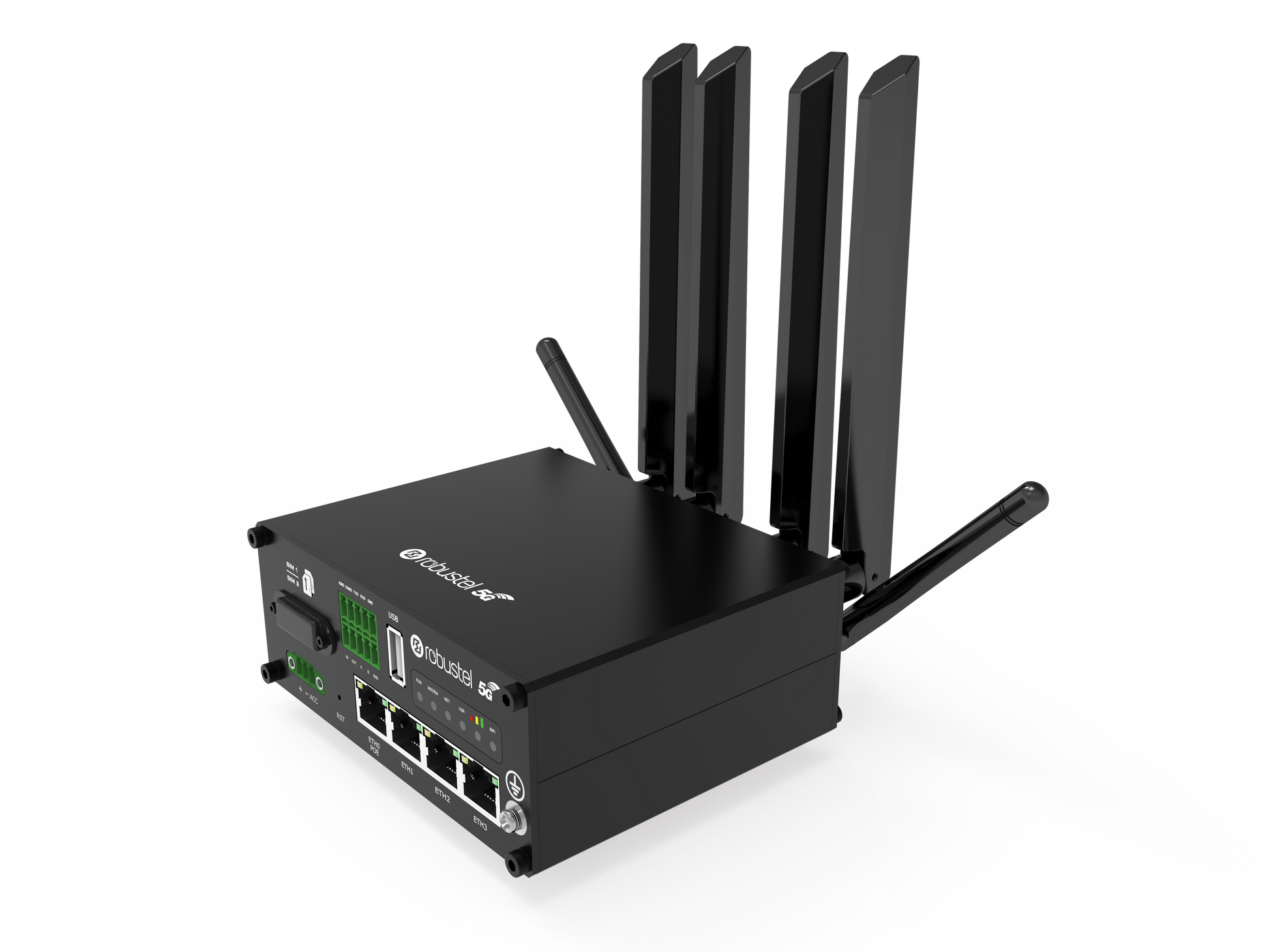 Robustel R5020 5G router black rectangular with 4 antennas and Ethernet ports