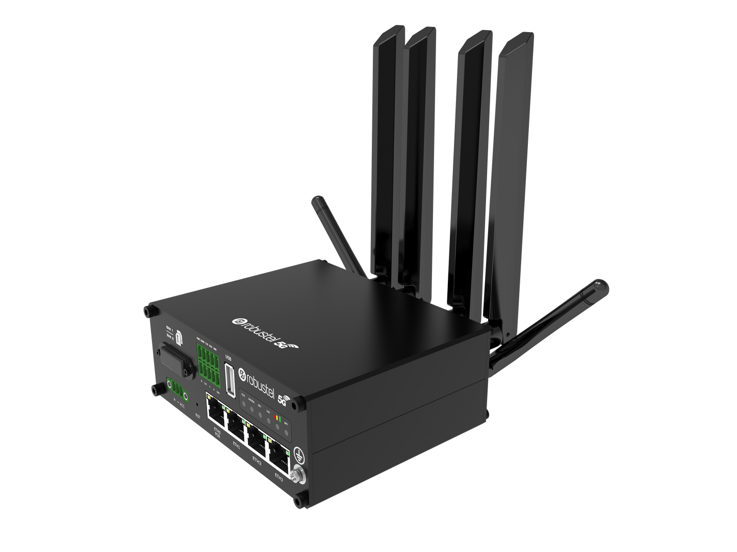 Robustel R5020 5G router with 4 vertical antennas and Ethernet ports