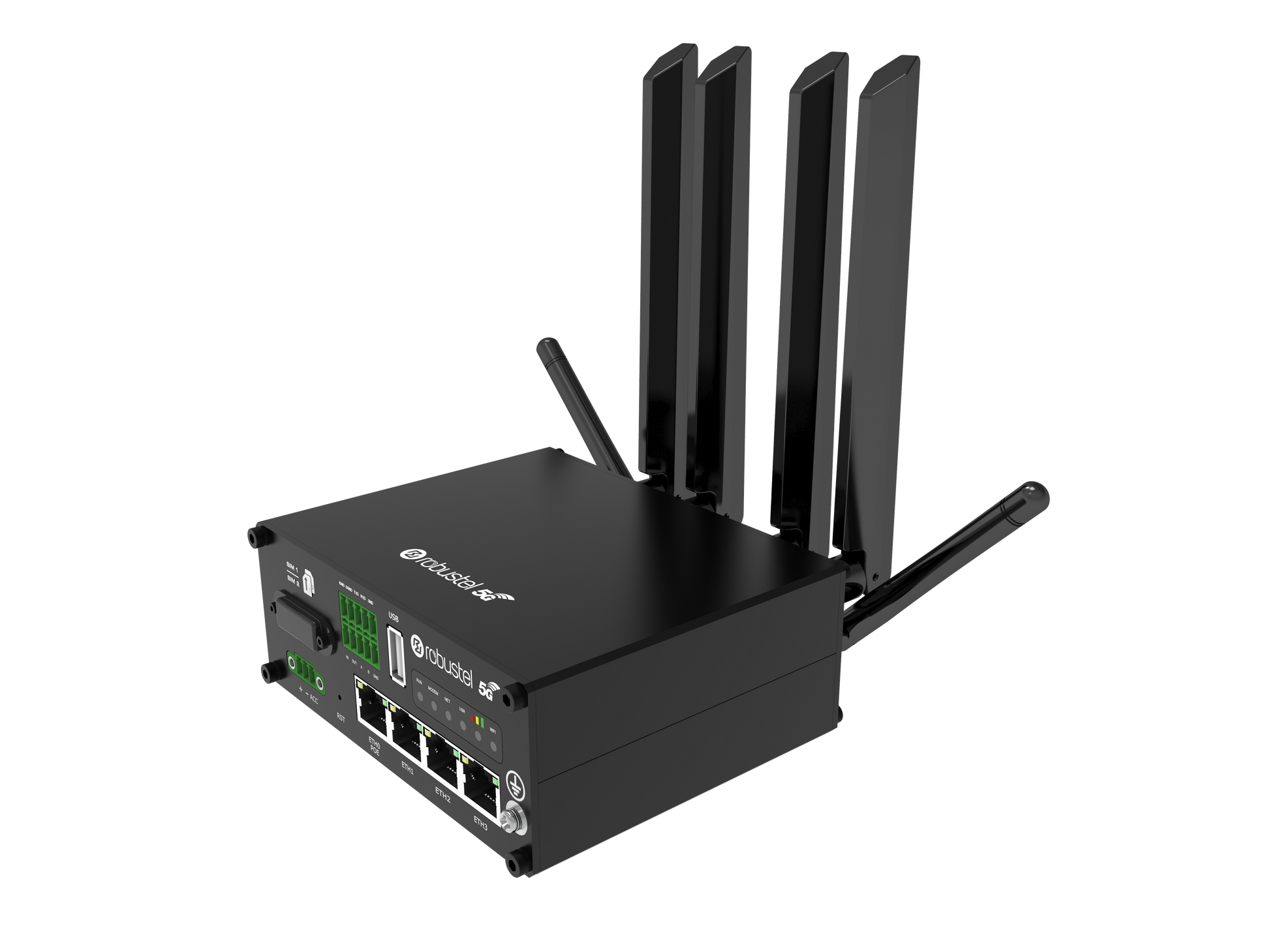 Robustel R5020 5G router with 4 vertical antennas and Ethernet ports