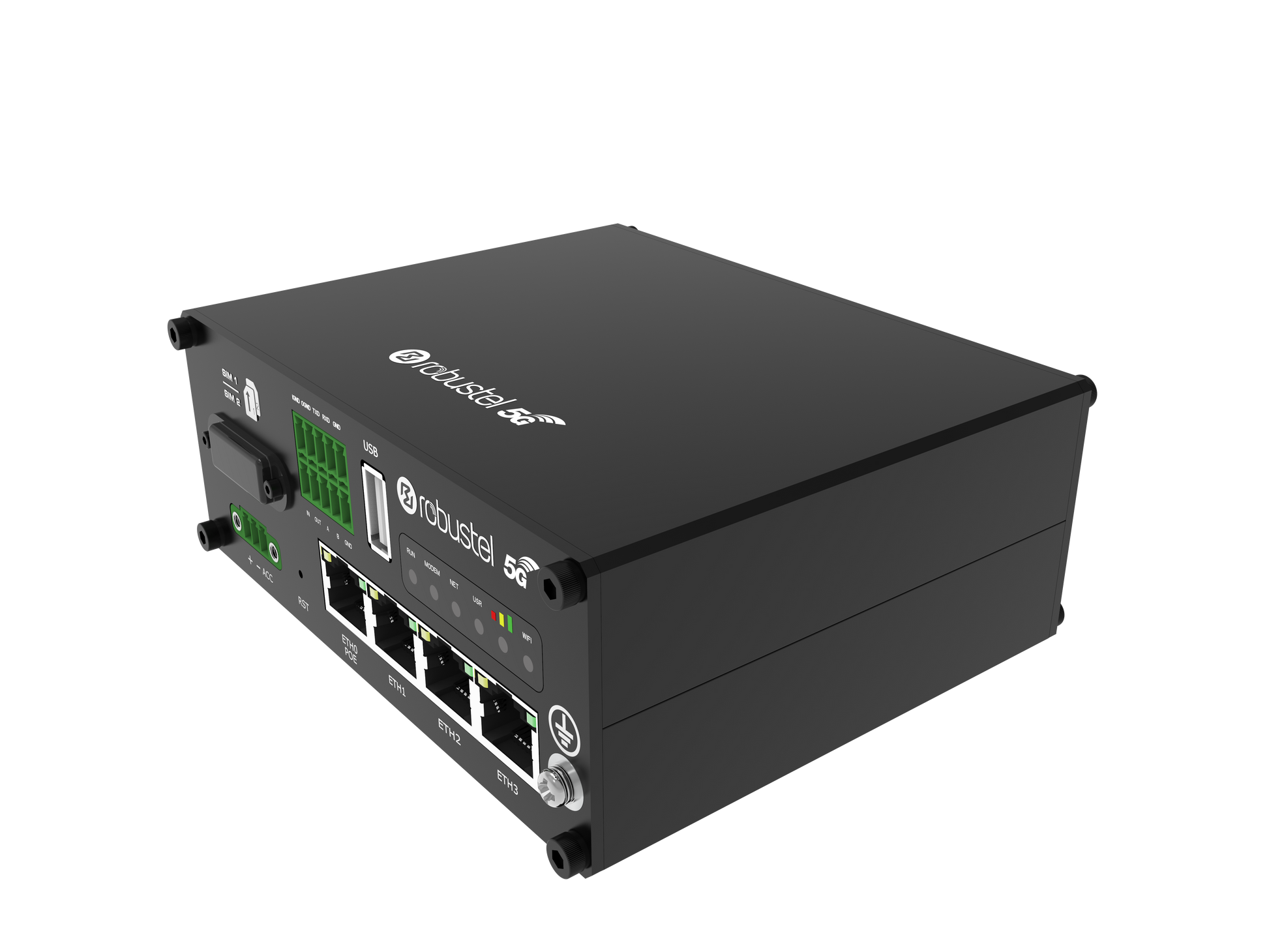 Robustel R5020 5G router with black body, green Ethernet ports, indicator lights