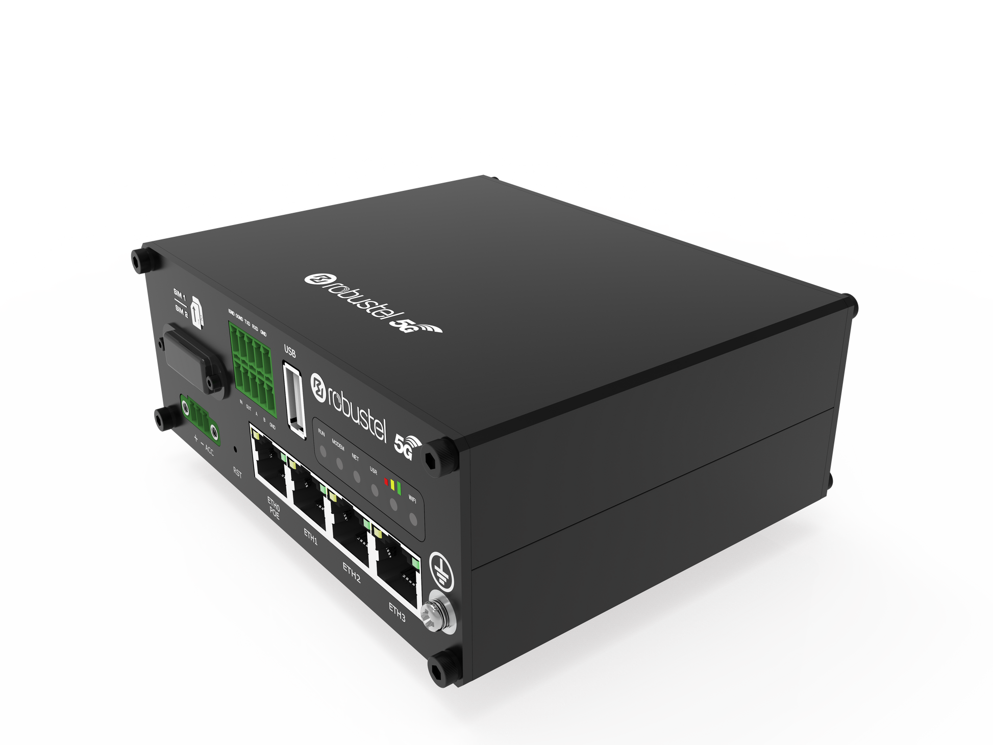 Robustel R5020 5G router back with green terminal blocks and Ethernet ports