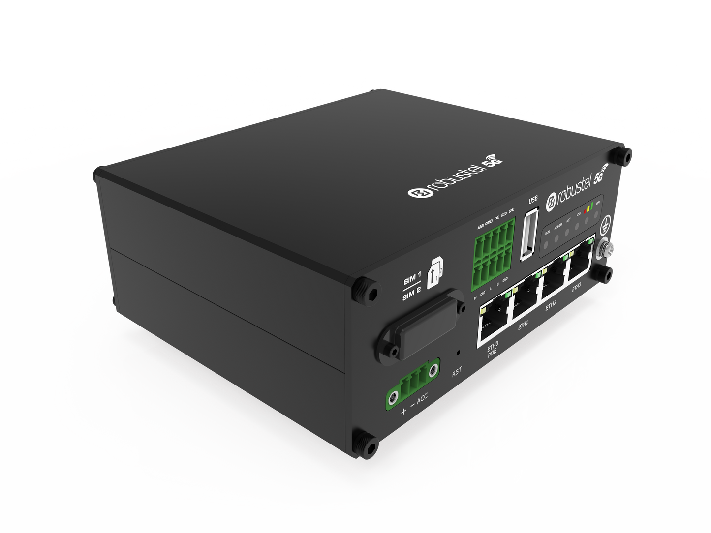 Robustel R5020 5G router back with green Ethernet ports and USB