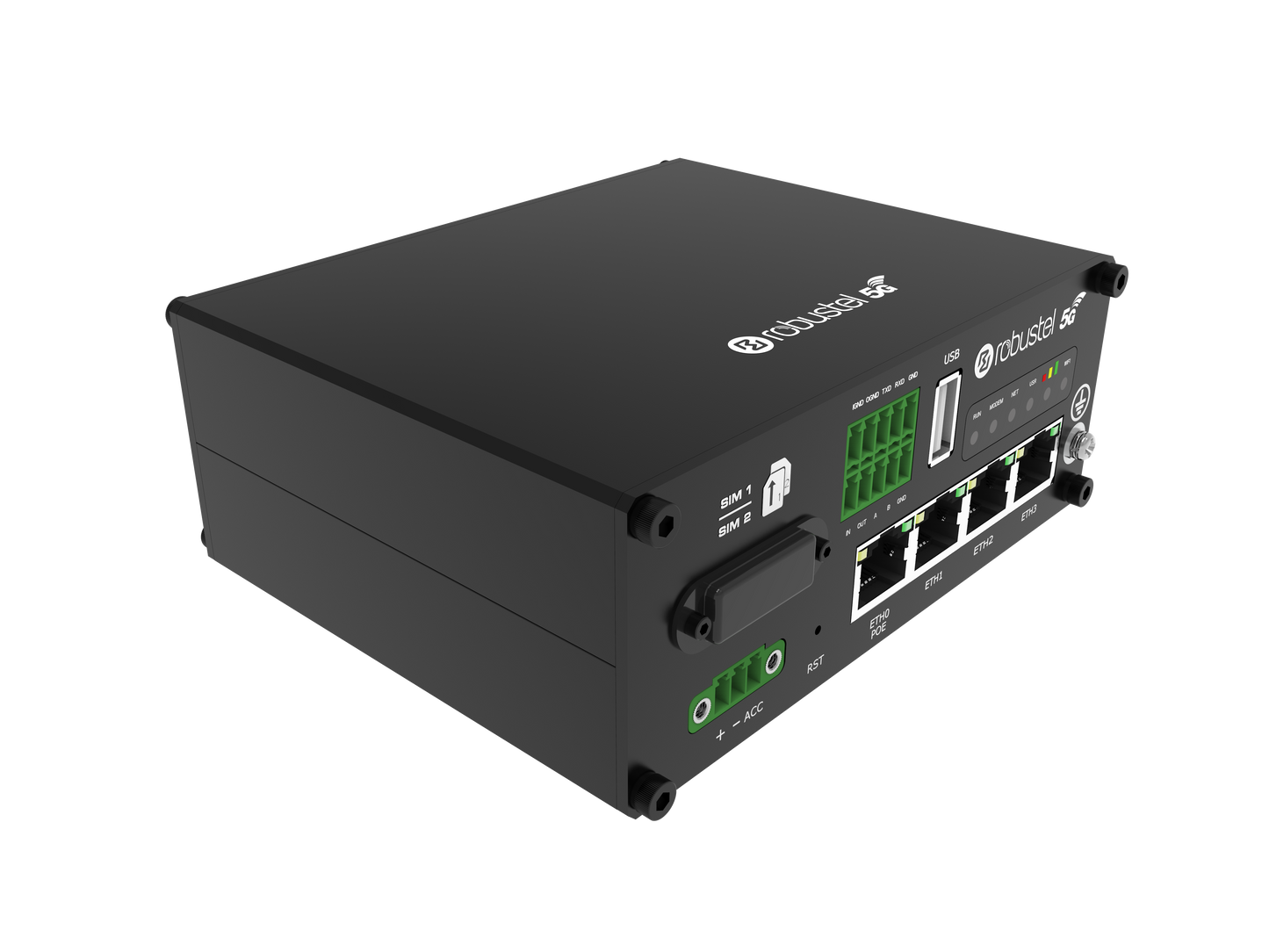 Robustel R5020 5G router back with green Ethernet ports and USB