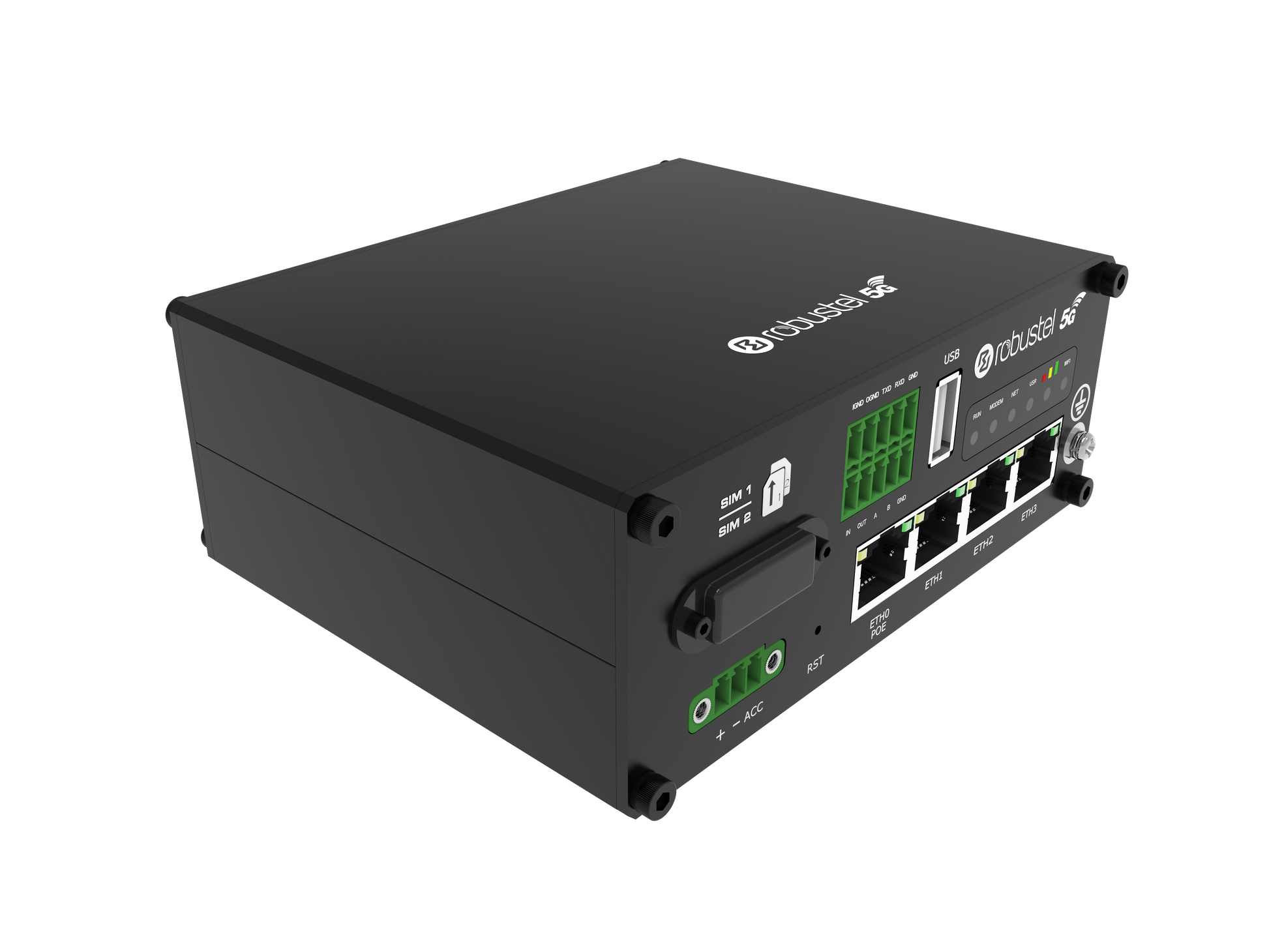 Robustel R5020 5G router back with green Ethernet ports and USB