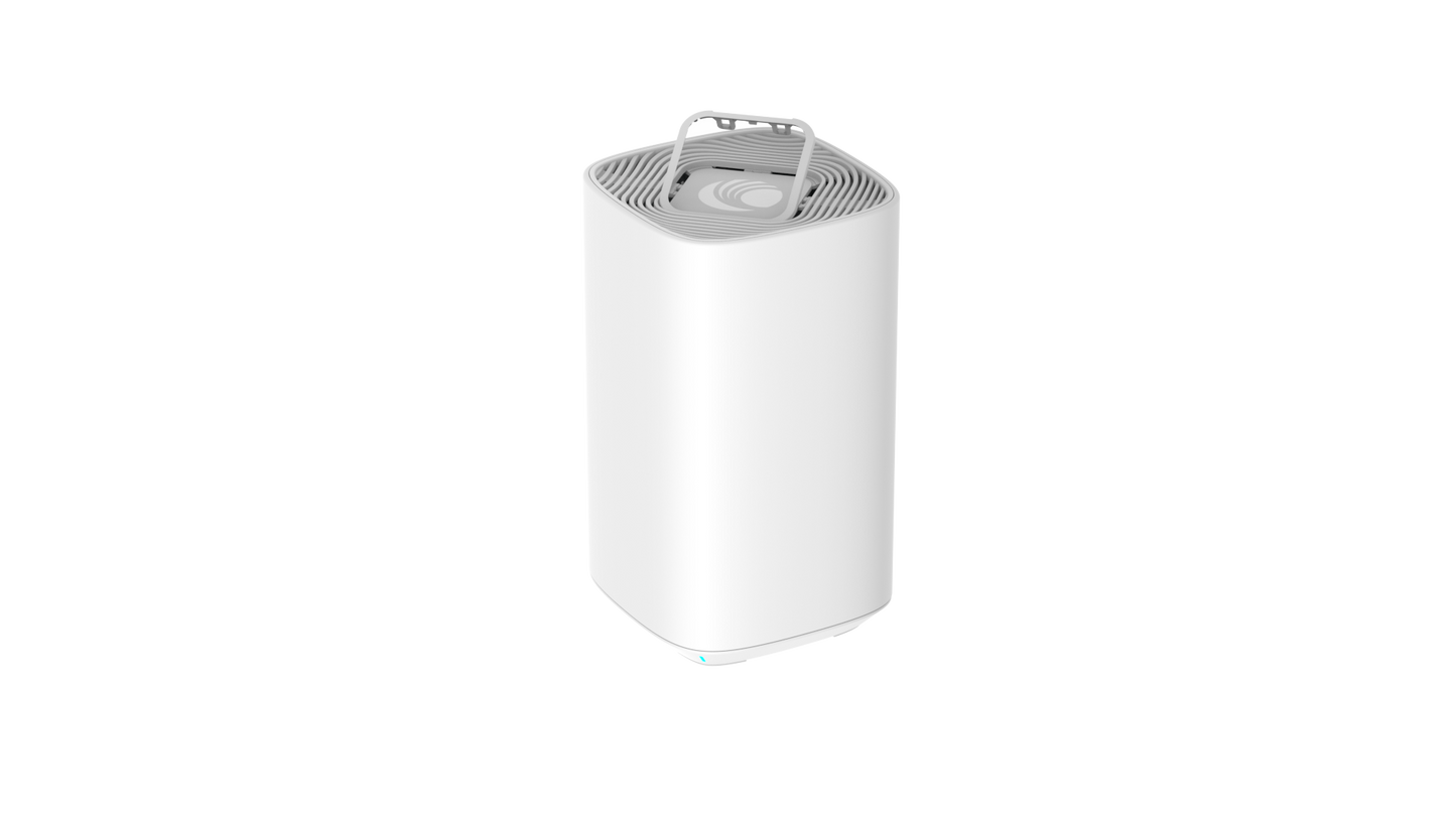 Cambium RV22 Wi-Fi 6 router, white cylindrical design with gray mesh top