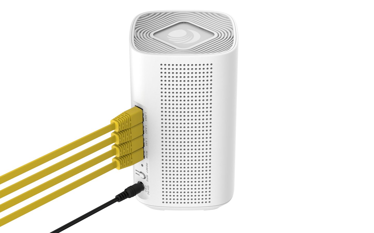 Cambium Networks RV22 Wi-Fi 6 router with yellow ethernet cables