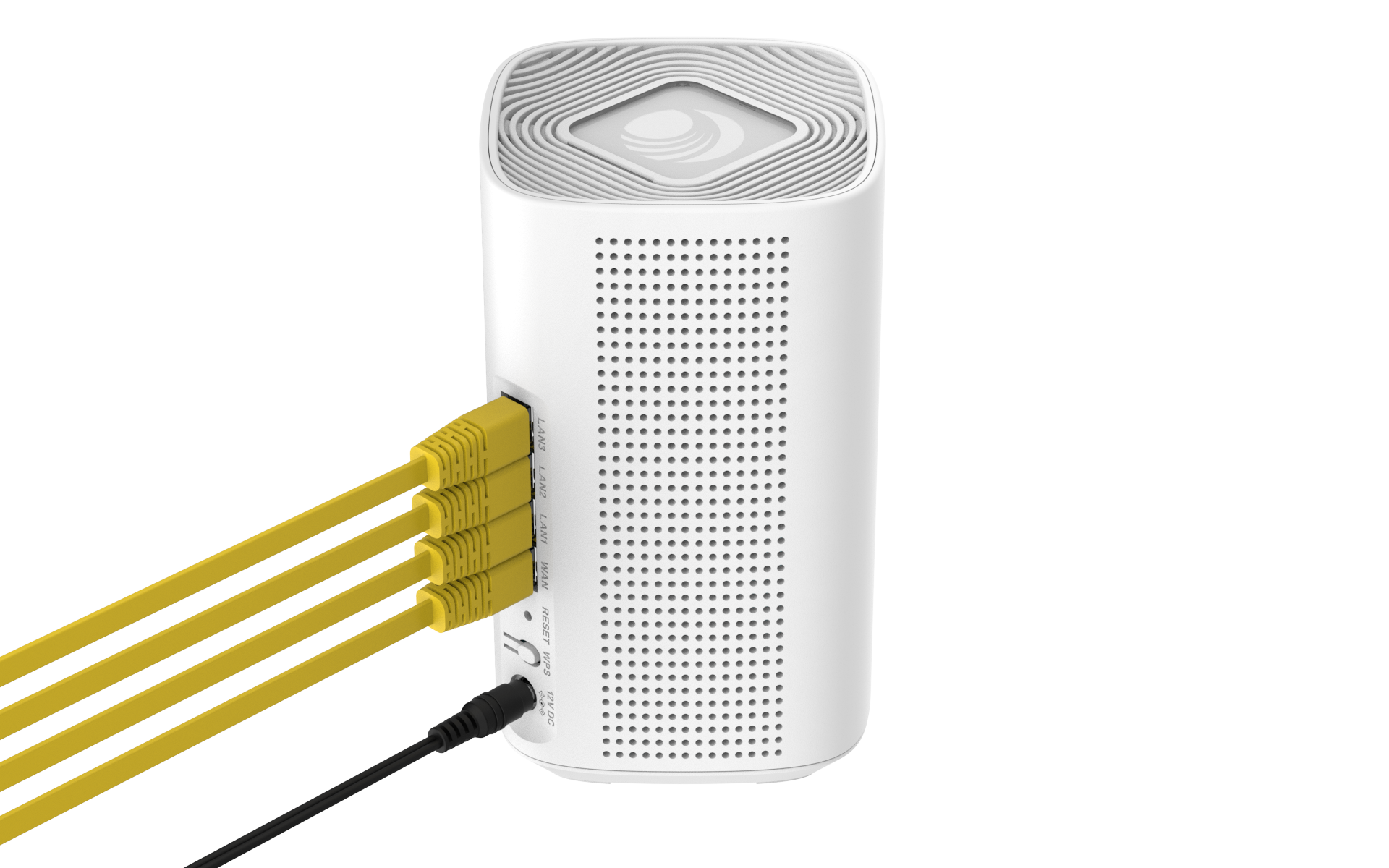 Cambium Networks RV22 Wi-Fi 6 router with yellow ethernet cables