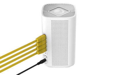 Cambium Networks RV22 Wi-Fi 6 router with yellow ethernet cables
