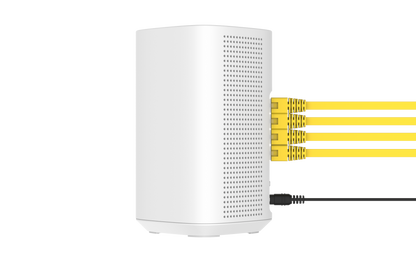 Cambium Networks RV22 Wi-Fi 6 router back with yellow Ethernet cables