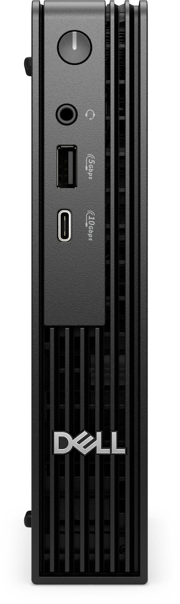 Black Dell Pro QCM1255 Micro PC rear with vertical slats and silver logo