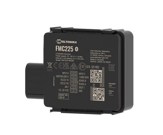 Black teltonika fmc225 ip67 lte cat 1 gps tracker with matte finish and labeled ports shown from the back side
