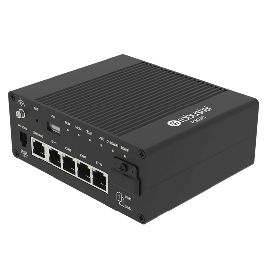Robustel R5030 5G router back view with Ethernet ports and Wi-Fi 6