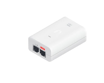 White plastic ubiquiti u-poe-af-au ethernet extender with two black ports and a red led indicator on the back side
