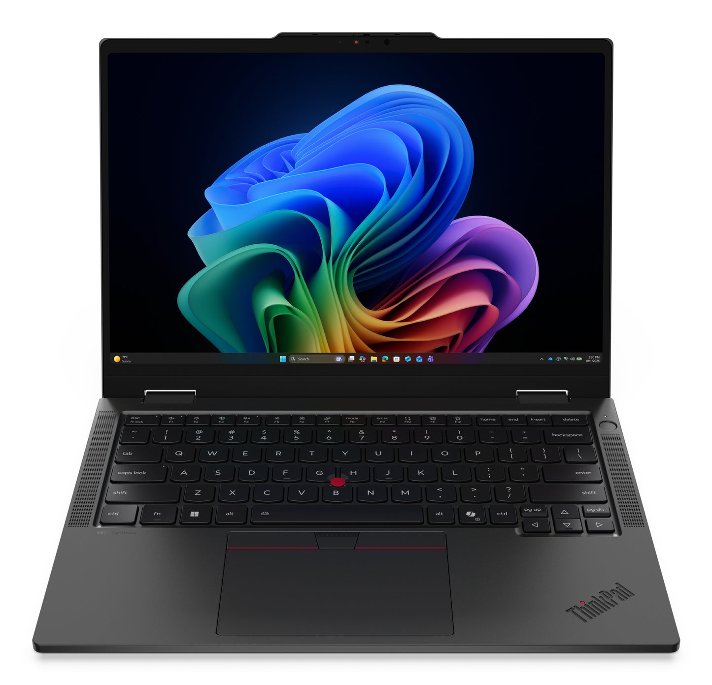 Black Lenovo ThinkPad T14s 2-in-1 Gen 2 laptop with sleek design and vibrant abstract wallpaper on screen