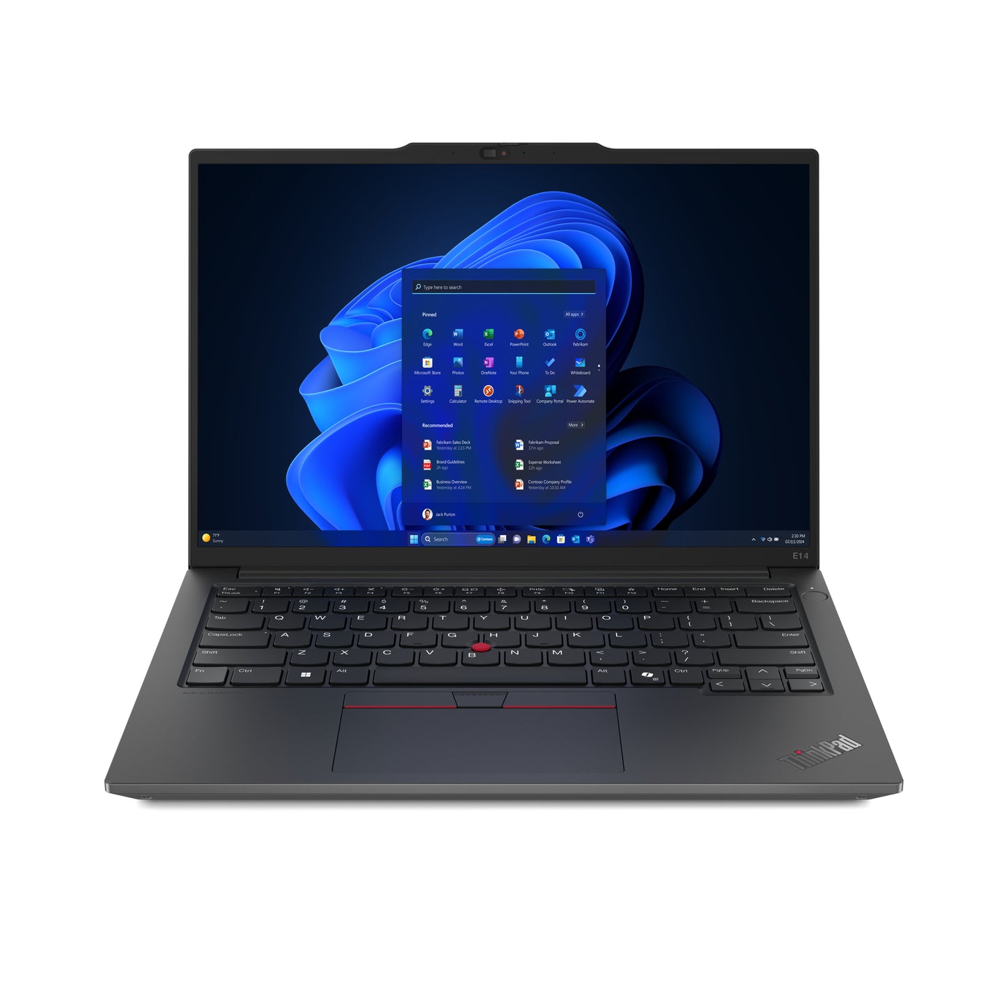 Black Lenovo ThinkPad E14 Gen 6 laptop with sleek minimalist design red trackpoint and Ryzen 7 7735HS processor
