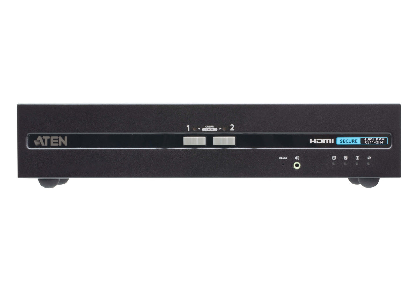 Black aten cs1142h4-at-u 2-port usb hdmi secure kvm switch with sleek matte finish and labeled input ports 1 and 2 back side view