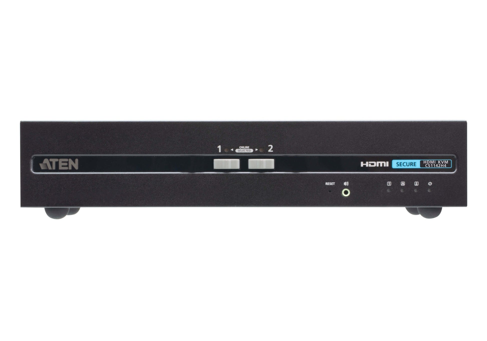 Black aten cs1142h4-at-u 2-port usb hdmi secure kvm switch with sleek matte finish and labeled input ports 1 and 2 back side view