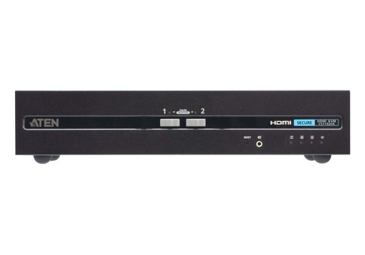 Black aten cs1142h4-at-u 2-port usb hdmi secure kvm switch with sleek matte finish and labeled input ports 1 and 2 back side view