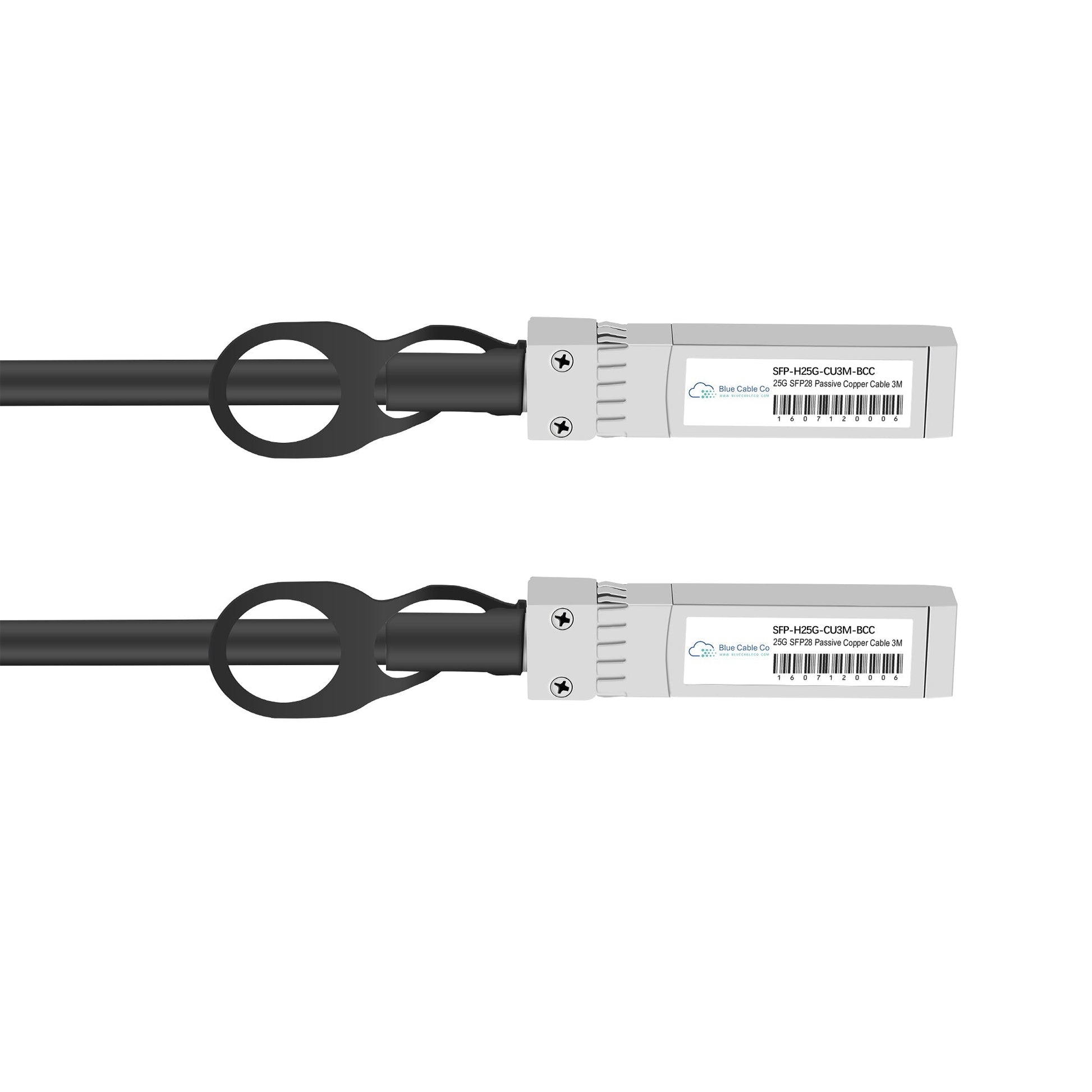 Black sfp28 copper dac cable with silver connectors and white label compatible with nvidia mellanox 25gbe