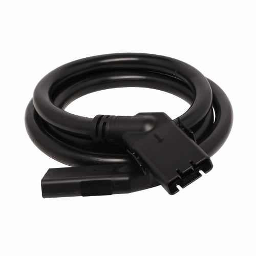 Black coiled power cable with rectangular connector and angled plug for Eaton EBMCBL48 48V battery extension cable 2m