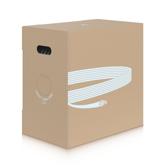 Beige cardboard box with white graphic of coiled ubiquiti uacc-cable-c6a-cmr cat6a cmr indoor ethernet cable 305m