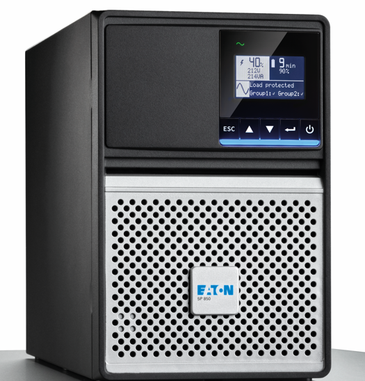Eaton 5P850AUG2 850VA UPS with black silver SP 950 display showing voltage and battery status