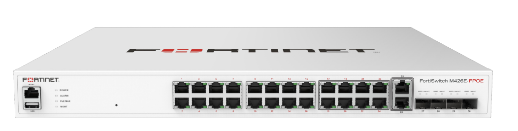 White Fortinet FortiSwitch M426E-FPOE with GE RJ45 ports and USB