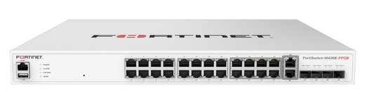 White Fortinet FortiSwitch M426E-FPOE with GE RJ45 ports and USB