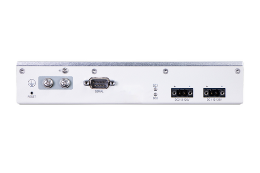 Back of Fortinet FortiGate Rugged-60F with DC1 DC2 ports, serial port