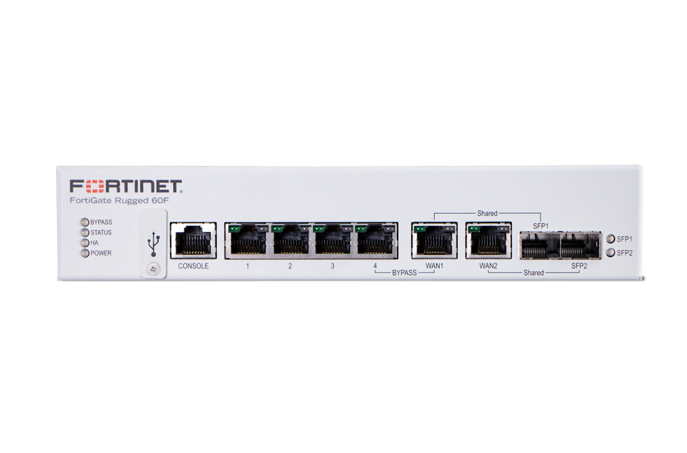 White Fortinet FortiGate Rugged 60F with Ethernet ports and lights