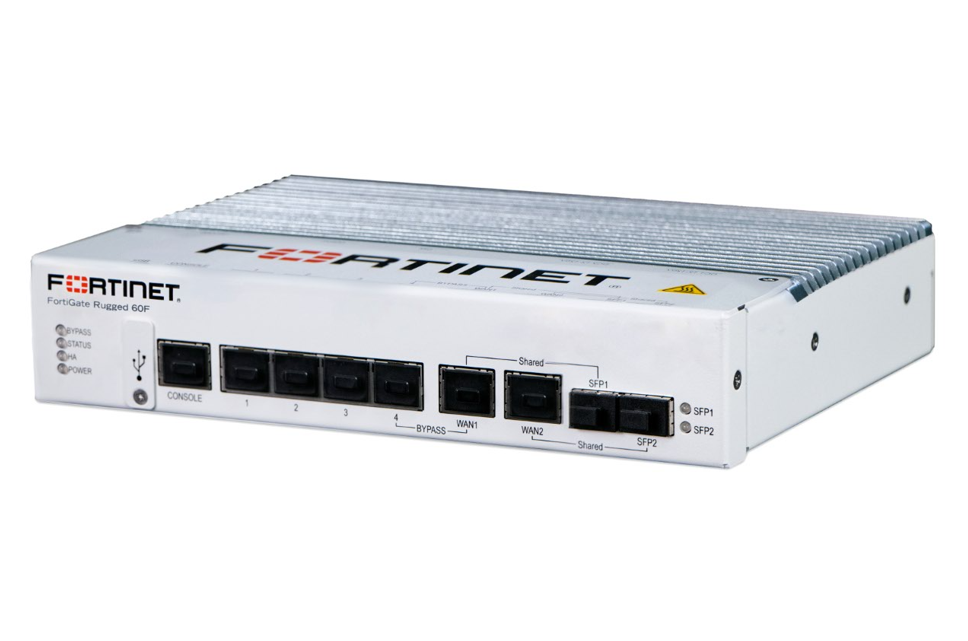 Fortinet FortiGate Rugged-60F white 6GF appliance with silver heatsink and ports