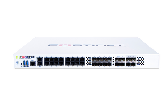 White Fortinet FortiGate 900G rear with Ethernet ports and vents