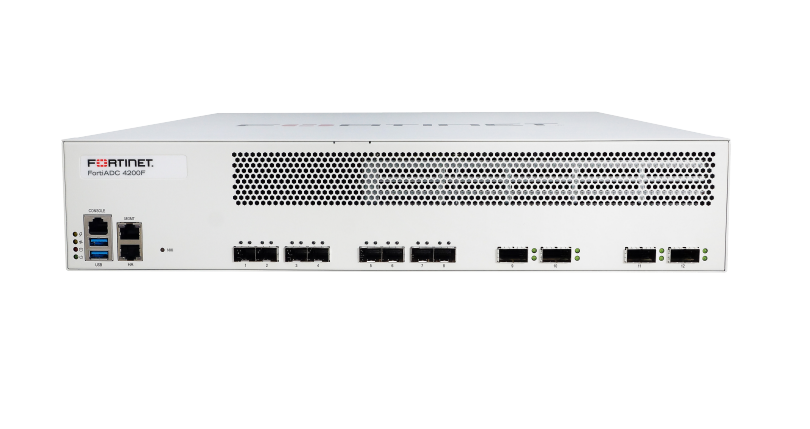White Fortinet FortiADC 4200F with perforated panel and Ethernet ports