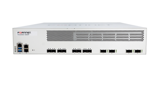 White Fortinet FortiADC 4200F with perforated panel and Ethernet ports