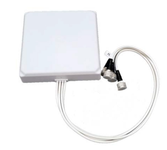 Fortinet FANT-04ABGN-8065-P directional Wi-Fi patch antenna with white rectangular access point, three coiled cables and black N-style connectors
