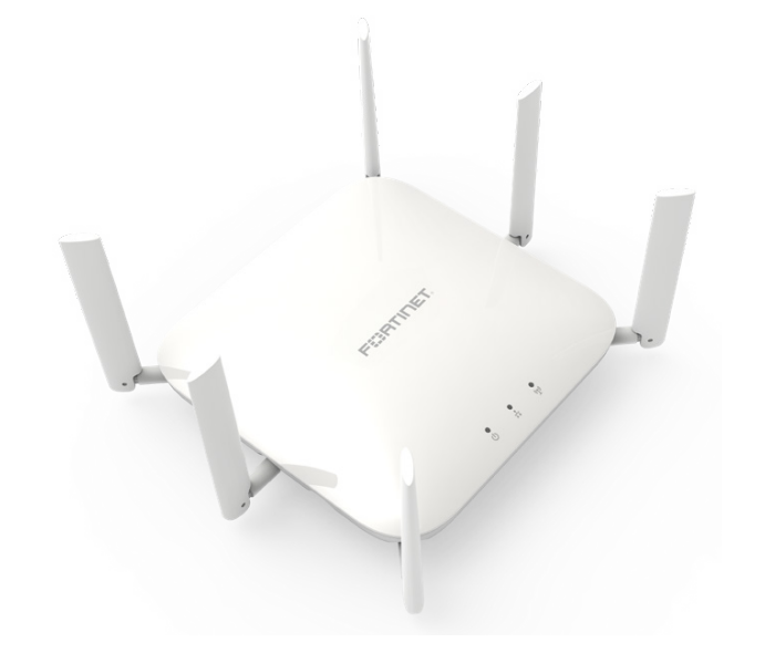 White Fortinet FAP-243K-N Wi-Fi 7 router with four antennas