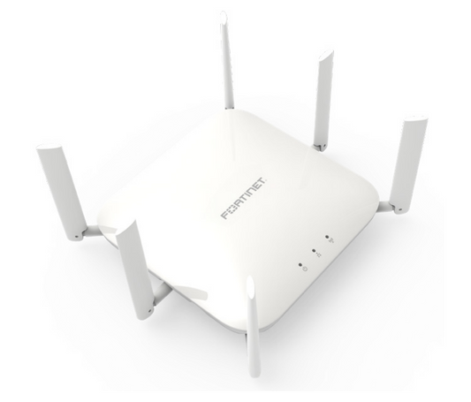 White Fortinet FAP-243K-N Wi-Fi 7 router with four antennas