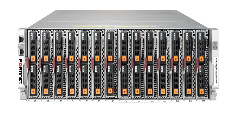 Fortinet FAZ-BD-4500F-USG BigData 4500F server rack with silver frame, orange lights