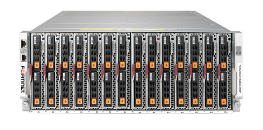 Fortinet FAZ-BD-4500F-USG BigData 4500F server rack with silver frame, orange lights