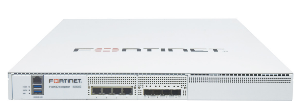 White Fortinet FortiDeceptor 1000G appliance with Ethernet ports